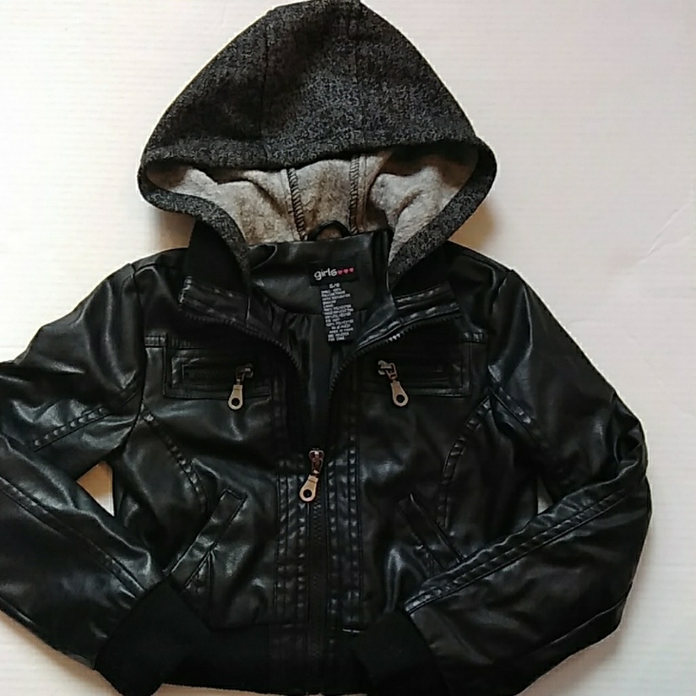 Girls Brand Faux Leather Hooded Jacket 5/6